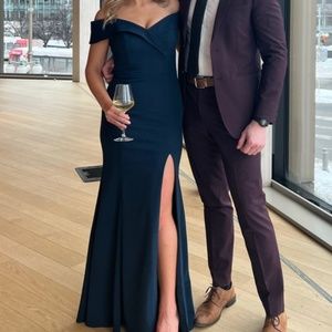 Azazie Navy Off the Shoulder Bridesmaid dress